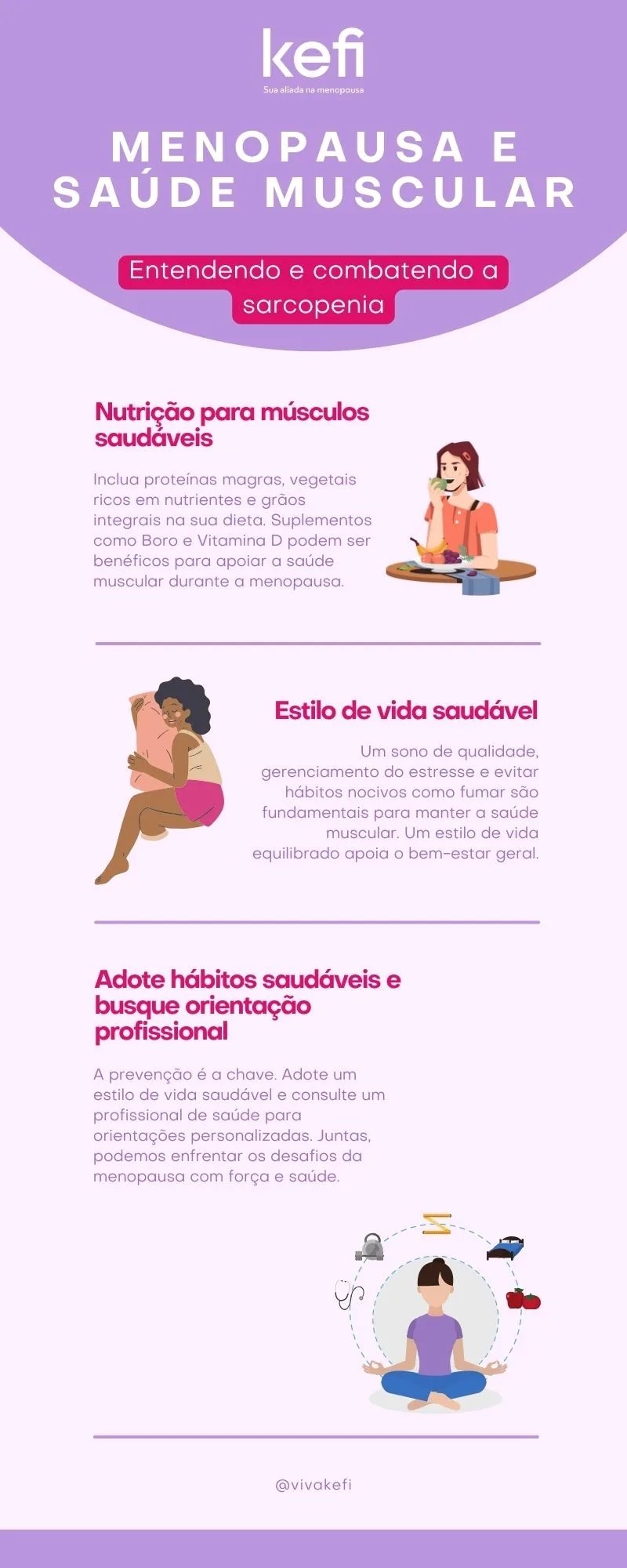 Infogrfico com dicas para manter a massa muscular na menopausa inclui orientaes sobre nutrio rica em protenas e nutrientes sono de qualidade gerenciamento de estresse abandono de hbitos nocivos e importncia de buscar orientao profissional