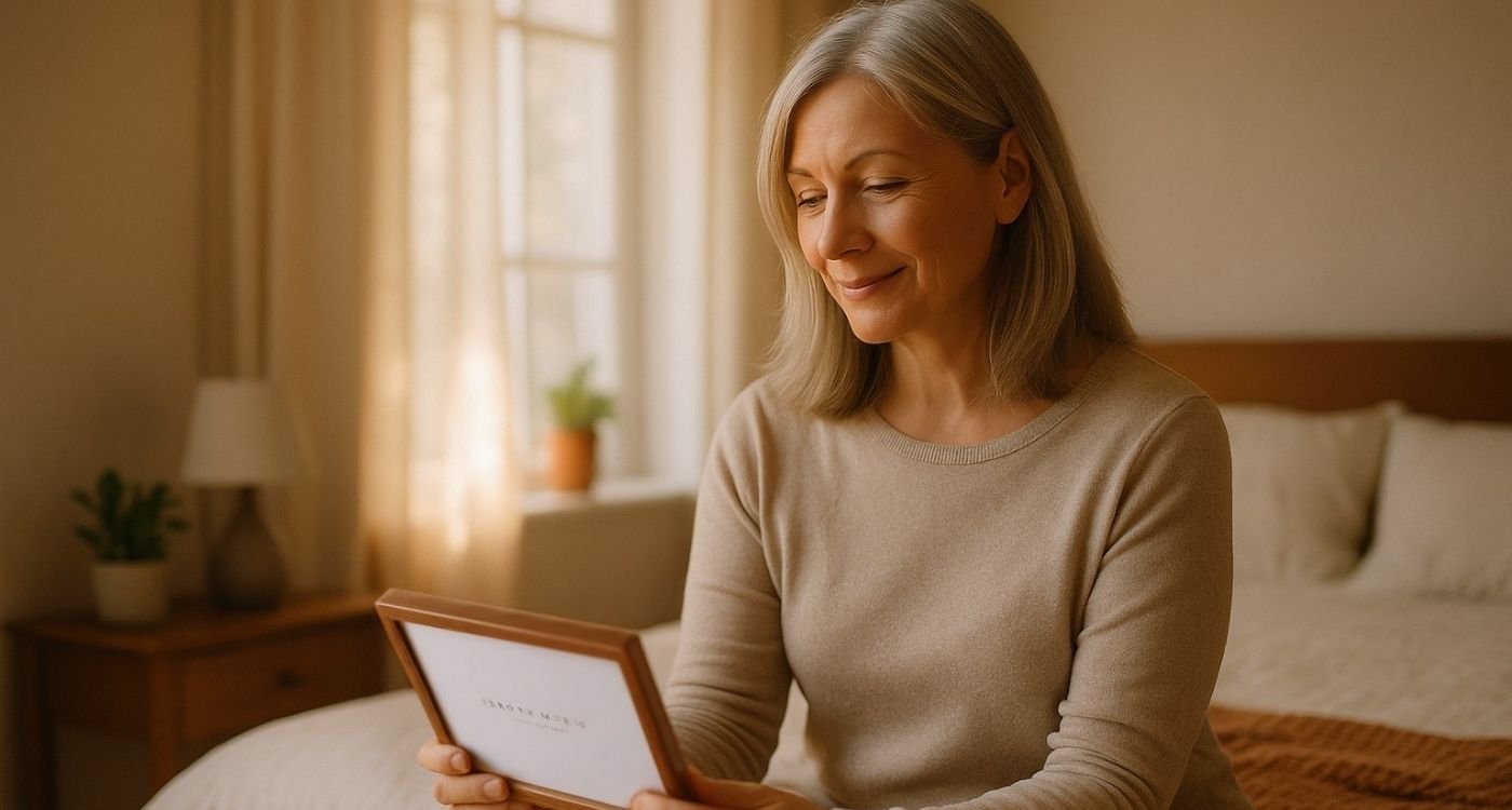 Mulher madura sentada em quarto aconchegante, segurando porta-retrato e sorrindo de forma serena, simbolizando o ninho vazio na menopausa e o recomeço com autocuidado e conexão familiar.