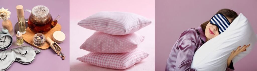 Itens que ajudam na qualidade do sono, como chá, travesseiros e máscara de dormir, representando o papel do triptofano e melatonina na menopausa para dormir melhor.