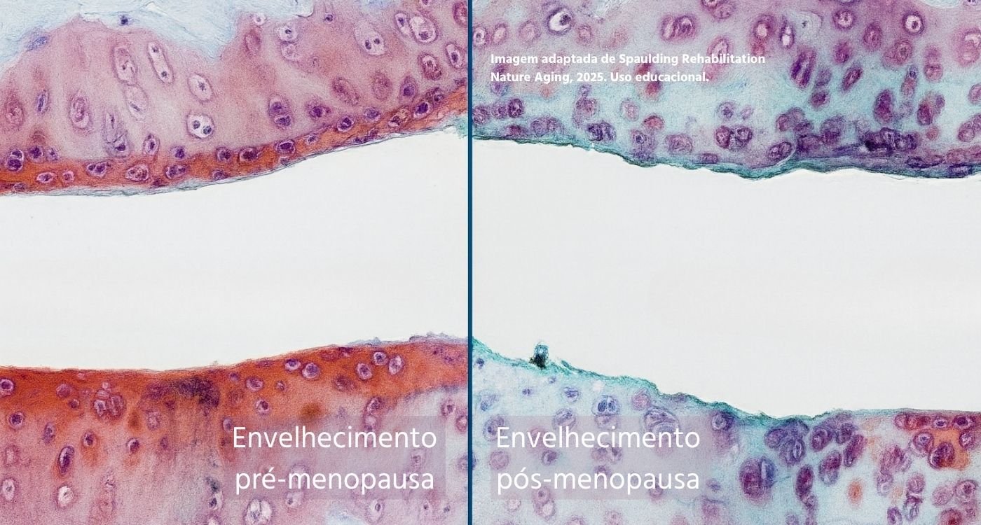 Comparação histológica entre envelhecimento pré-menopausa e pós-menopausa, ilustrando alterações na cartilagem associadas à osteoartrite na menopausa