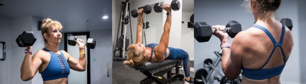 Mulher madura fortalecendo ossos e músculos na academia, ilustrando os benefícios do zinco e selênio na menopausa para manter massa magra e saúde óssea.