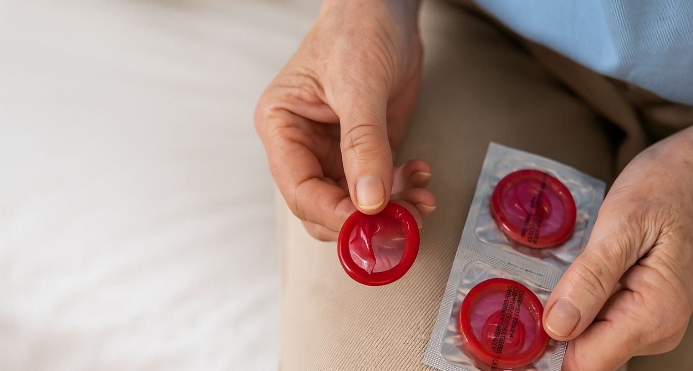 Mãos 55–65 segurando preservativo vermelho; foco em prevenção de IST na menopausa.