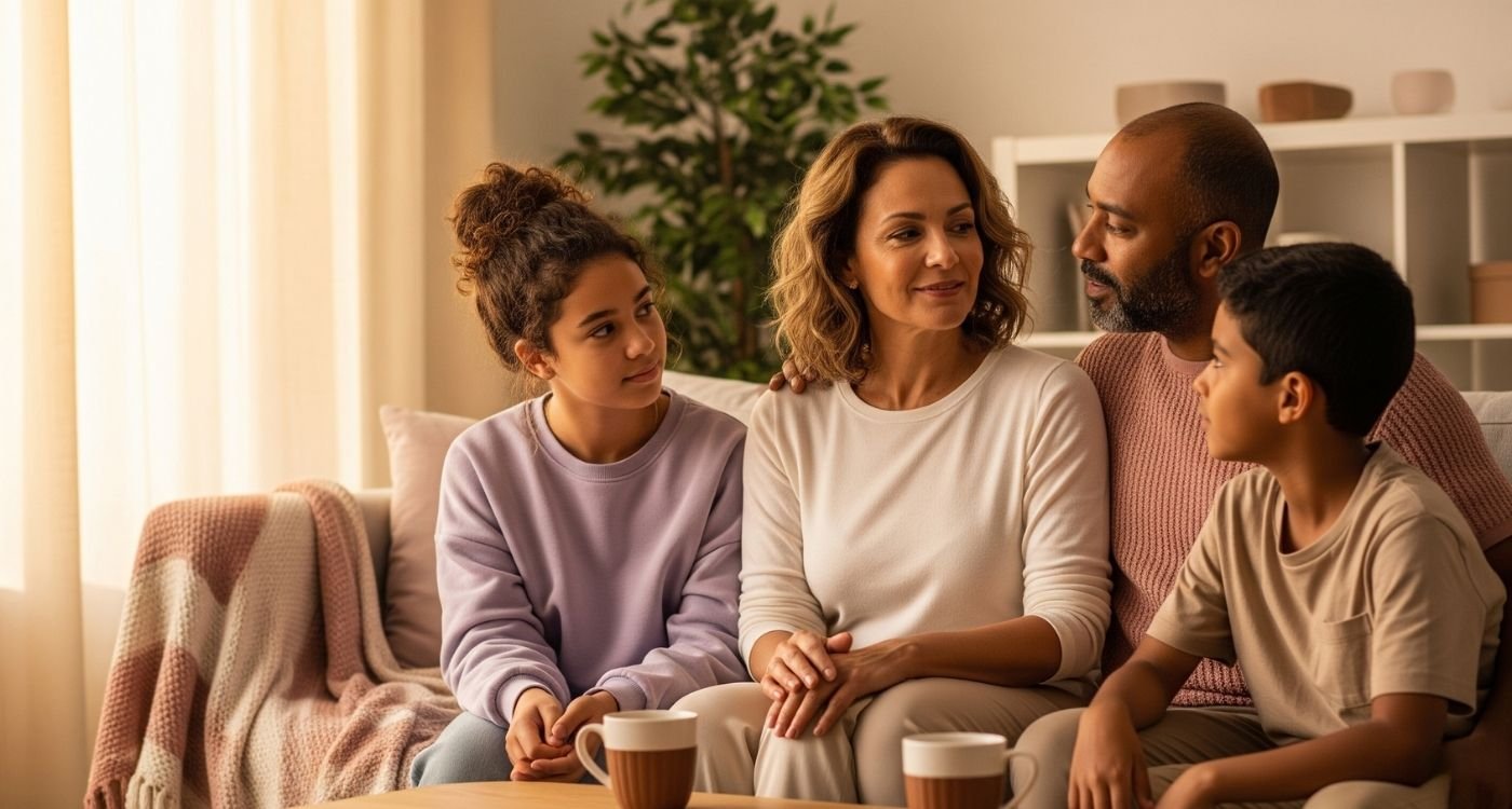 Menopausa e família: conversa acolhedora na sala entre mãe, parceiro e filhos