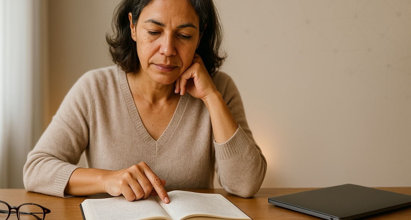 menopausa precoce e cognição: mulher madura estudando com luz natural, foco e serenidade