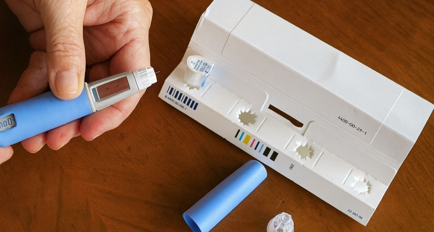 Mounjaro e ozempic na menopausa: caneta injetora e agulhas sobre a mesa