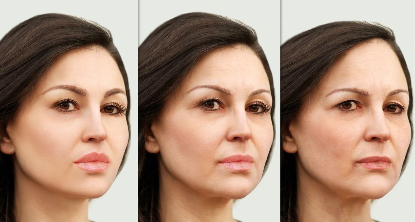 Sequência da mesma mulher mostrando três fases etárias — aos 30, 40 e 50 anos — simbolizando as diferentes etapas da menopausa