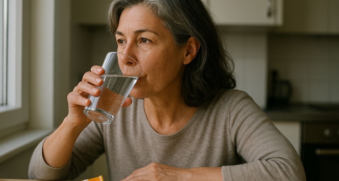Boca seca na menopausa: mulher 50+ bebendo água para aliviar o ressecamento bucal.