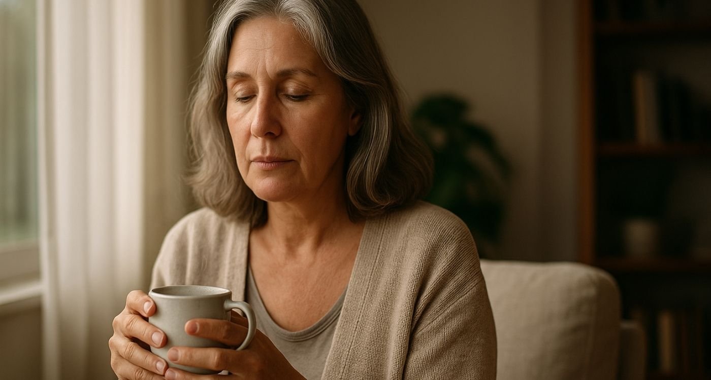 Mulher 50+ sentada perto da janela com luz suave da manhã, segurando uma xícara, expressão serena; conceito de cansaço na menopausa e autocuidado.