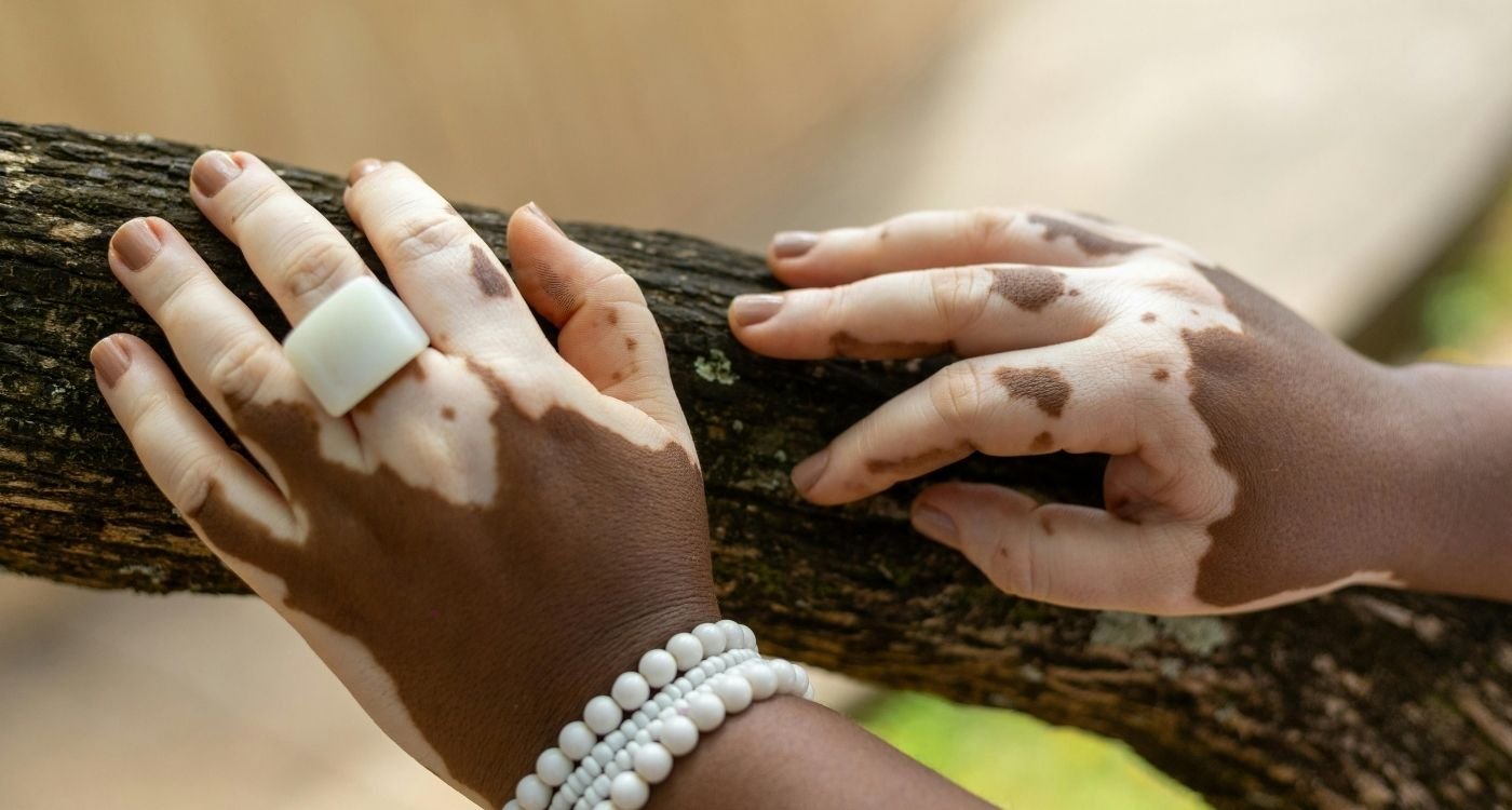 Menopausa e doenças autoimunes: mãos femininas com vitiligo apoiadas em tronco, simbolizando diversidade e força.