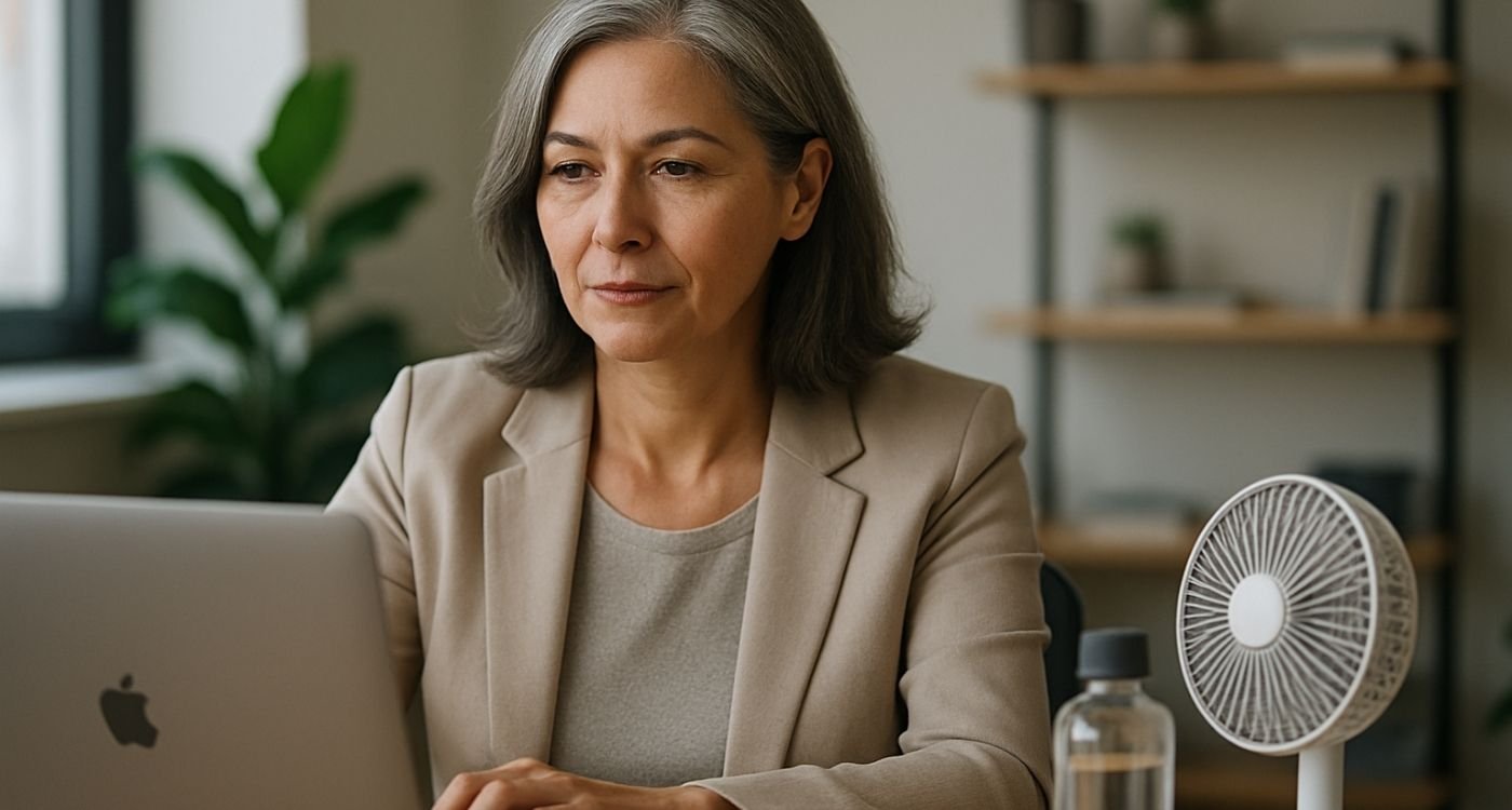 Mulher de 50 anos trabalhando em escritório moderno, com laptop à frente, ventilador de mesa e garrafa de água ao lado, representando conforto térmico na menopausa no trabalho.