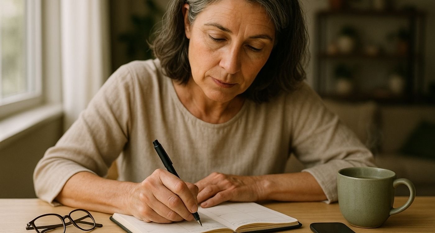 Mulher 50+ fazendo anotações em um planner como forma de auxiliar a memória na menopausa.