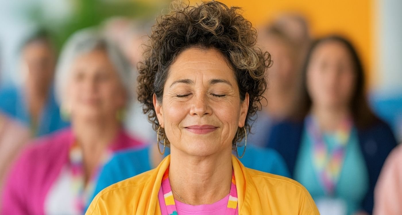 Mulher de 50 anos sorrindo serenamente com os olhos fechados durante prática de meditação, simbolizando autocuidado e saúde mental na menopausa.