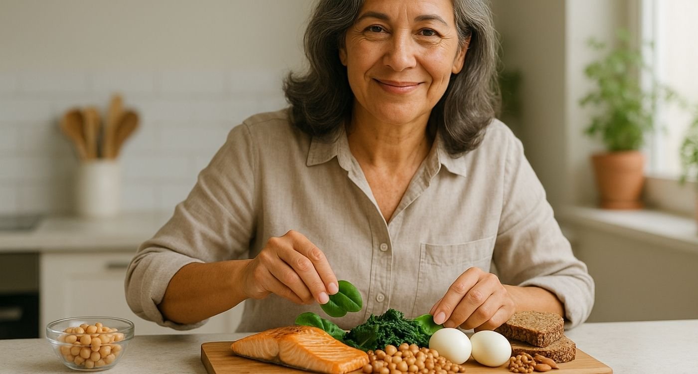 Mulher 50+ preparando refeição rica em vitaminas, sorrindo na cozinha iluminada — foco em salmão, folhas verdes e leguminosas — vitamina B na menopausa.