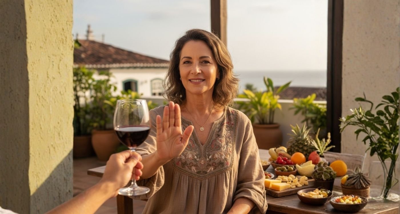 Mulher branca com 50 anos sentada em uma sacada com uma mesa de queijos e vinhos. Ela está recusando uma taça de vinho para mostrar os impactos do álcool e menopausa.