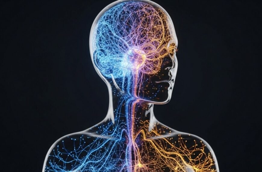 Ilustração artística de um busto feminino translúcido preenchido por uma rede de filamentos neurais brilhantes que transitam da cor azul para a dourada, simbolizando a adaptação energética e a reconfiguração da conectividade cerebral durante a menopausa.