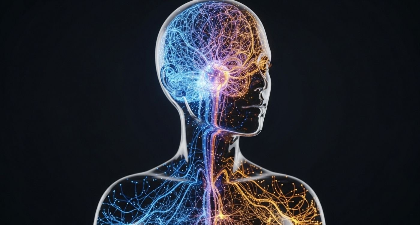 Ilustração artística de um busto feminino translúcido preenchido por uma rede de filamentos neurais brilhantes que transitam da cor azul para a dourada, simbolizando a adaptação energética e a reconfiguração da conectividade cerebral durante a menopausa.