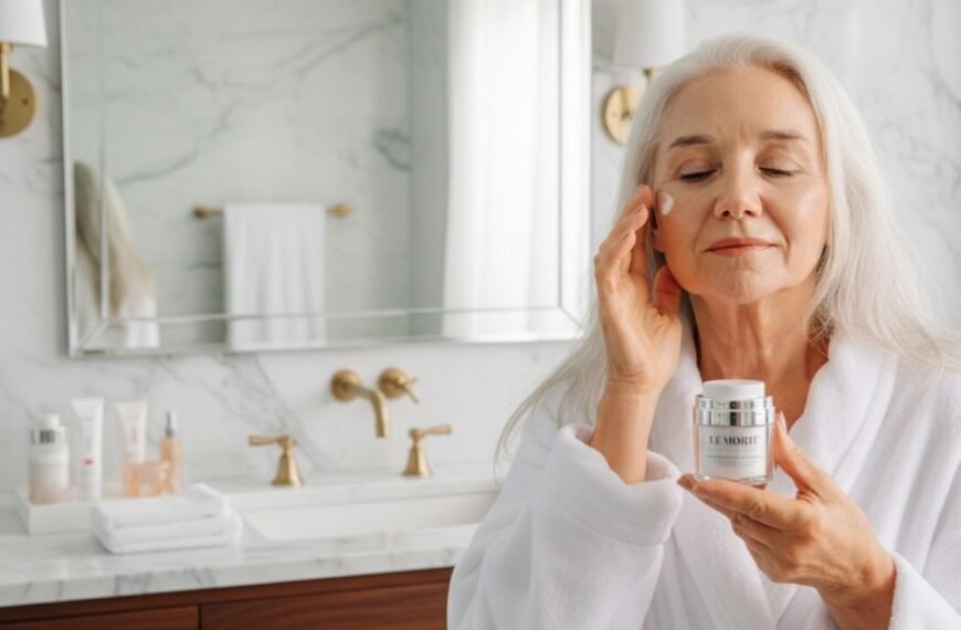 Mulher 50+ em rotina de Skincare na Menopausa.
