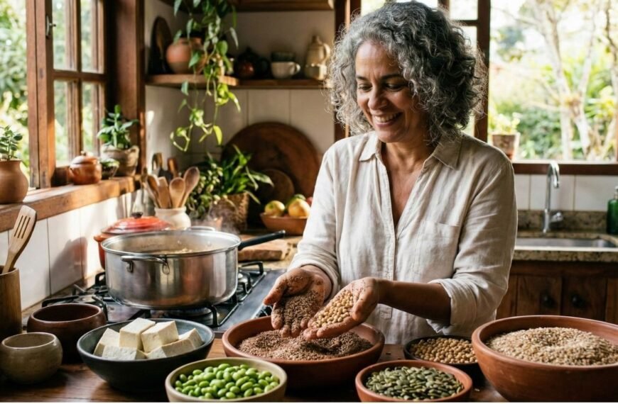 Mulher madura brasileira, com cabelos grisalhos e cacheados, sorrindo na cozinha, segurando sementes e soja nas mãos, cercada por ingredientes ricos em fitoesteróis e fitoestrógenos como tofu, edamame e grãos integrais, com uma panela no fogão ao fundo e luz natural vinda da janela.