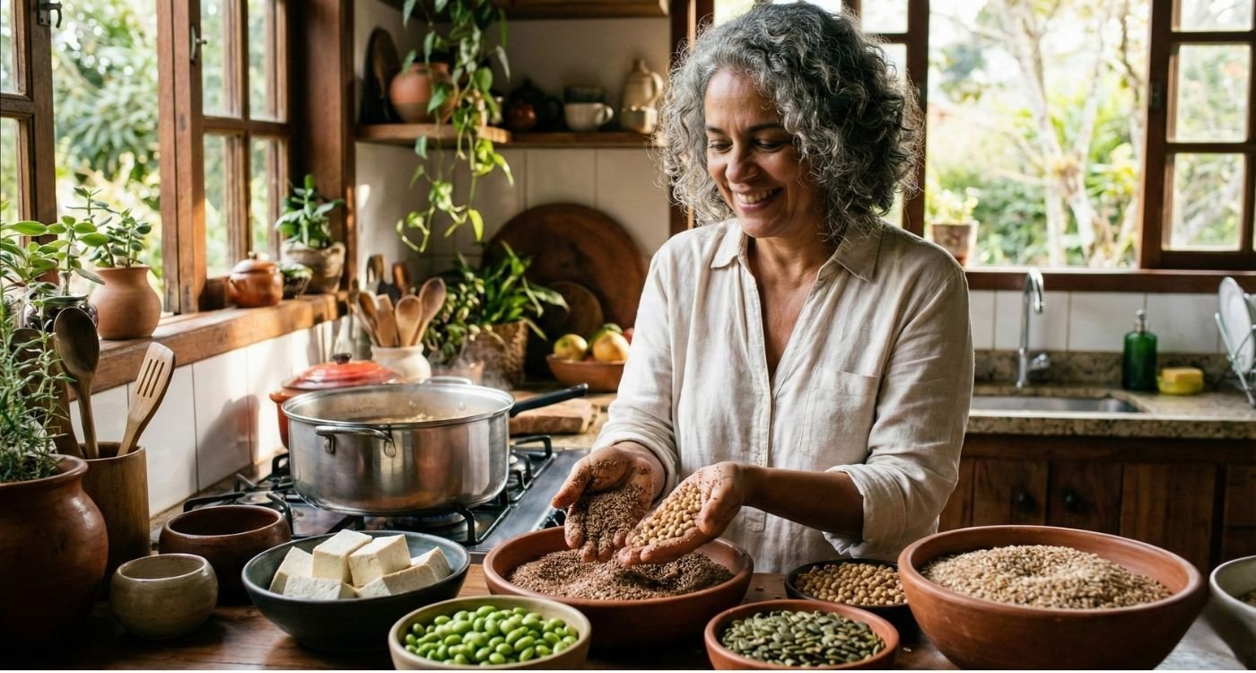 Mulher madura brasileira, com cabelos grisalhos e cacheados, sorrindo na cozinha, segurando sementes e soja nas mãos, cercada por ingredientes ricos em fitoesteróis e fitoestrógenos como tofu, edamame e grãos integrais, com uma panela no fogão ao fundo e luz natural vinda da janela.