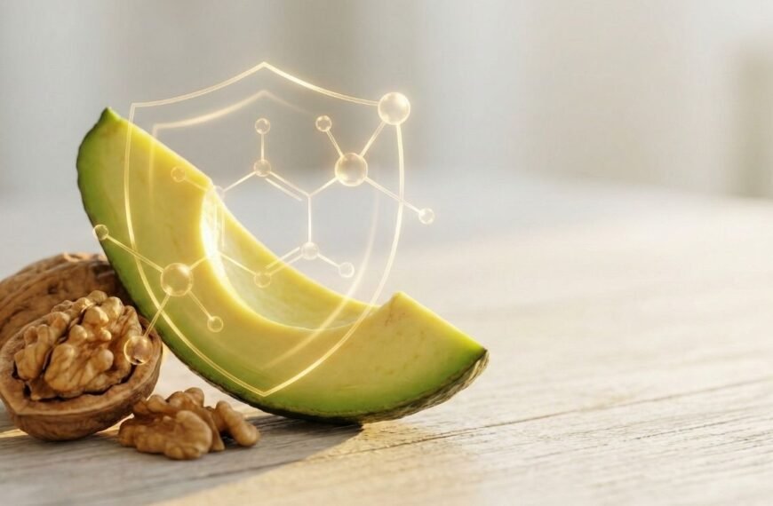 Fatia de abacate fresco e nozes sobre uma superfície de madeira iluminada pelo sol, com um gráfico de escudo molecular dourado brilhante sobreposto, representando o papel protetor dos Fitoesteróis na menopausa.