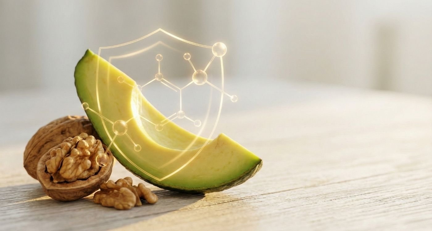 Fatia de abacate fresco e nozes sobre uma superfície de madeira iluminada pelo sol, com um gráfico de escudo molecular dourado brilhante sobreposto, representando o papel protetor dos Fitoesteróis na menopausa.