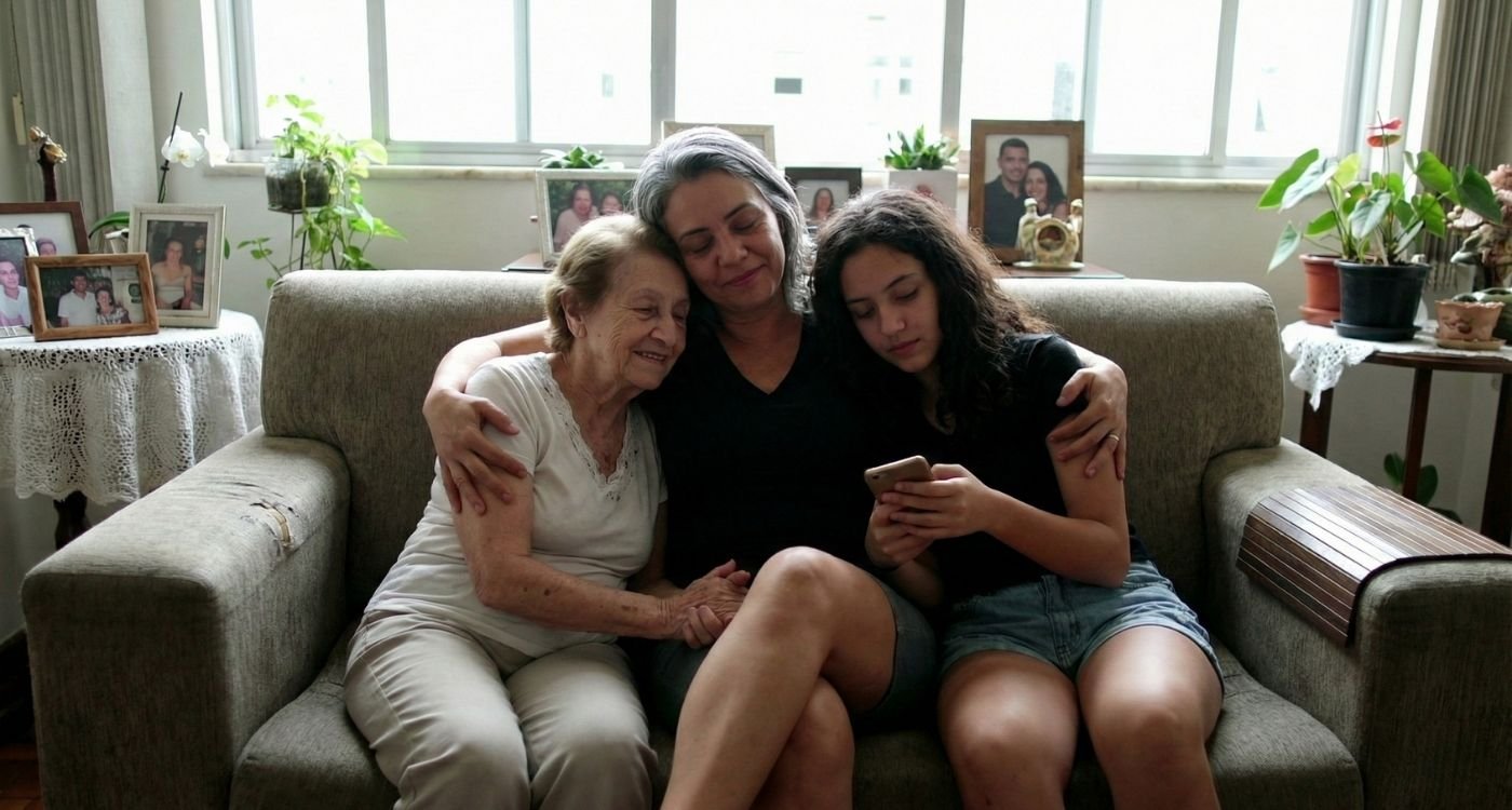 Mulher da geração sanduíche abraçando a mãe idosa e a filha adolescente no sofá de casa, transmitindo cuidado e cansaço, simbolizando os impactos da geração sanduíche na saúde da mulher.