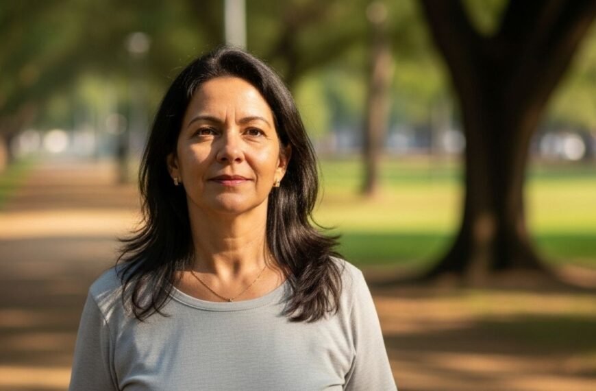 Mulher na faixa dos 50 anos caminhando ao ar livre pela manhã, com sol suave no rosto, representando a relação entre luz do sol e depressão na menopausa.