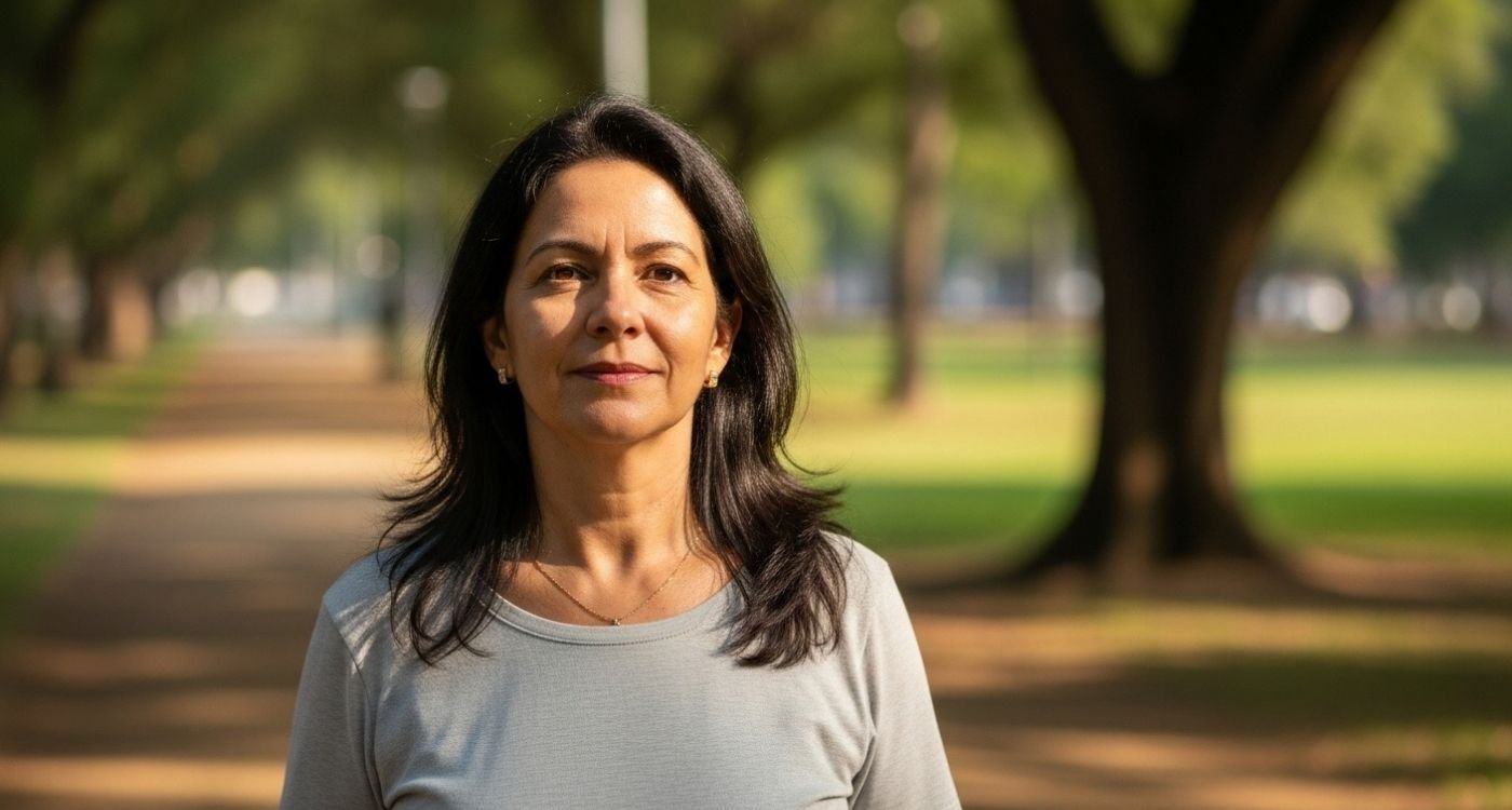 Mulher na faixa dos 50 anos caminhando ao ar livre pela manhã, com sol suave no rosto, representando a relação entre luz do sol e depressão na menopausa.