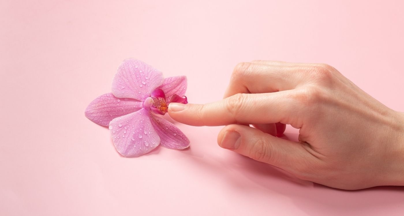 Mão tocando delicadamente uma flor rosa, simbolizando autocuidado e masturbação na menopausa de forma sensível e respeitosa.