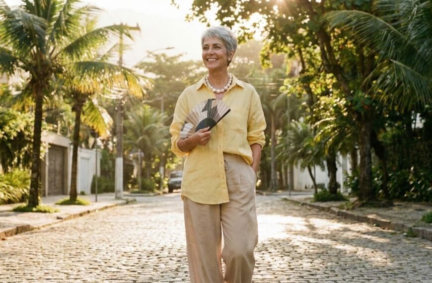 Mulher madura e elegante, vestindo uma camisa de linho amarela solta e calças largas bege, caminha sorrindo em uma rua de paralelepípedos arborizada. Ela segura um leque e usa um colar de pérolas, exemplificando roupas para menopausa que unem estilo e conforto em um dia ensolarado.