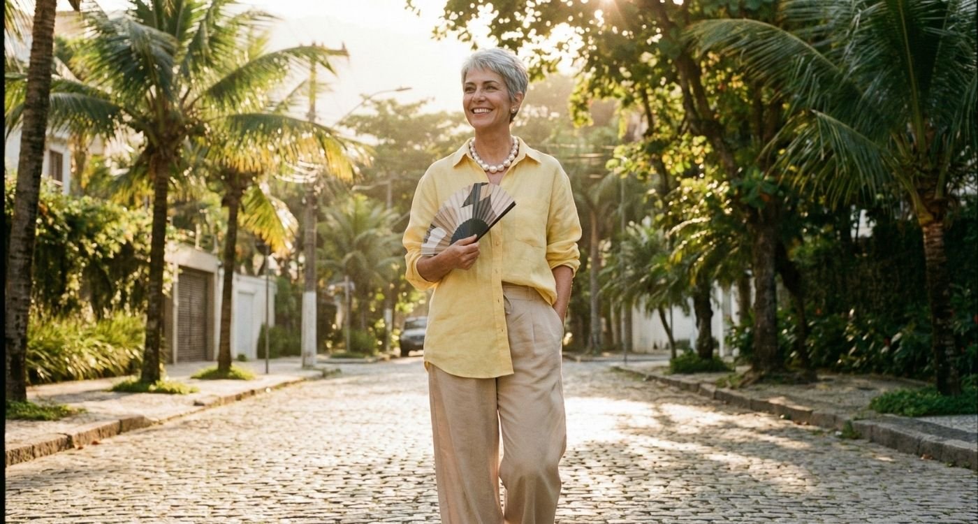 Mulher madura e elegante, vestindo uma camisa de linho amarela solta e calças largas bege, caminha sorrindo em uma rua de paralelepípedos arborizada. Ela segura um leque e usa um colar de pérolas, exemplificando roupas para menopausa que unem estilo e conforto em um dia ensolarado.