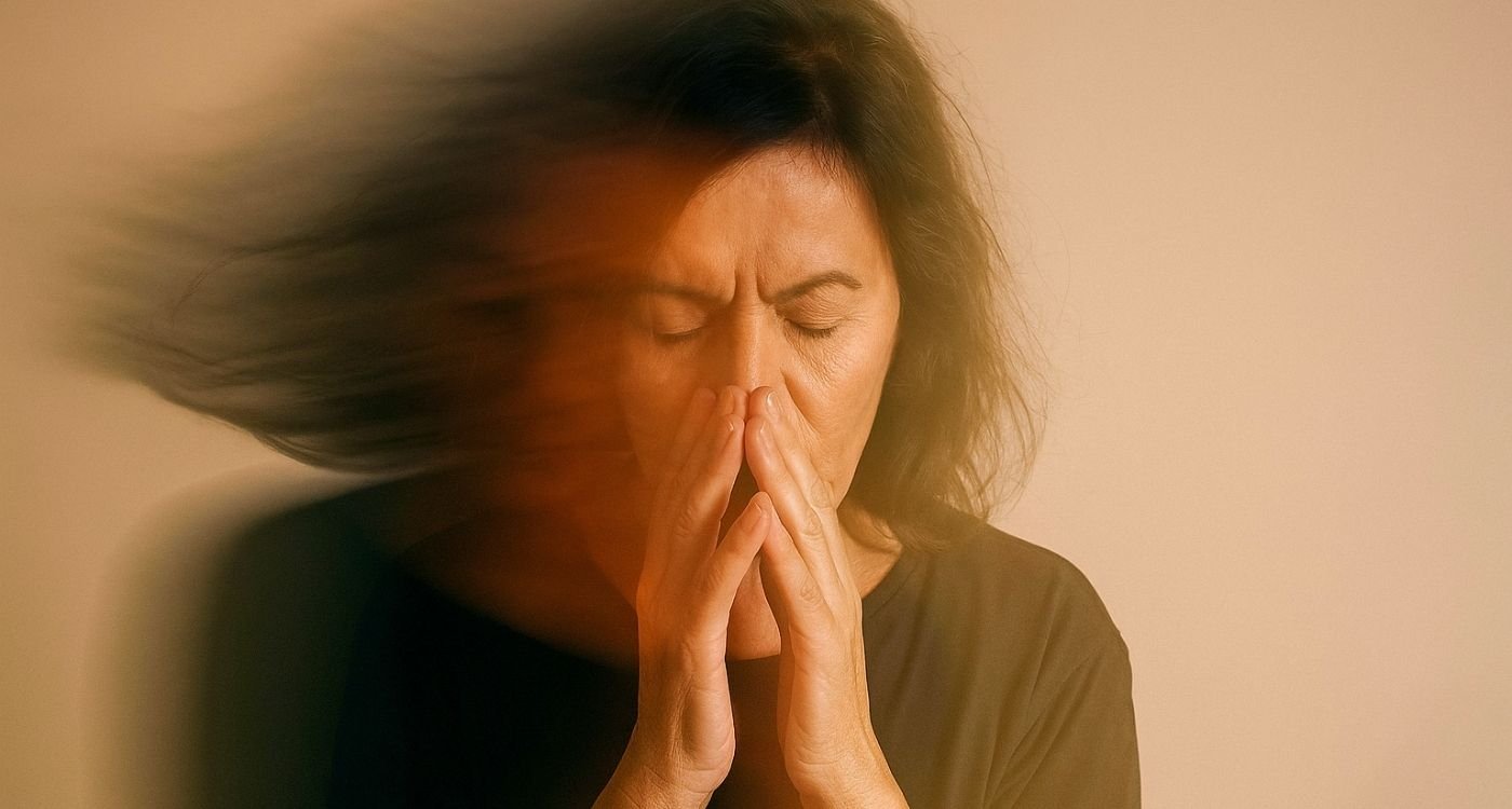 Mulher madura com expressão de ansiedade na menopausa, mostrando tensão e movimento