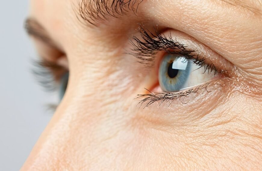 Close da região dos olhos mostrando linhas finas e textura da pele relacionadas à perda de colágeno na menopausa.