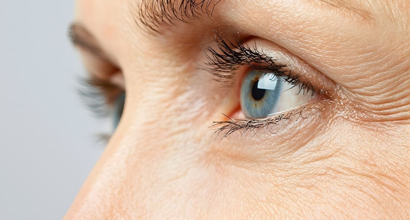 Close da região dos olhos mostrando linhas finas e textura da pele relacionadas à perda de colágeno na menopausa.