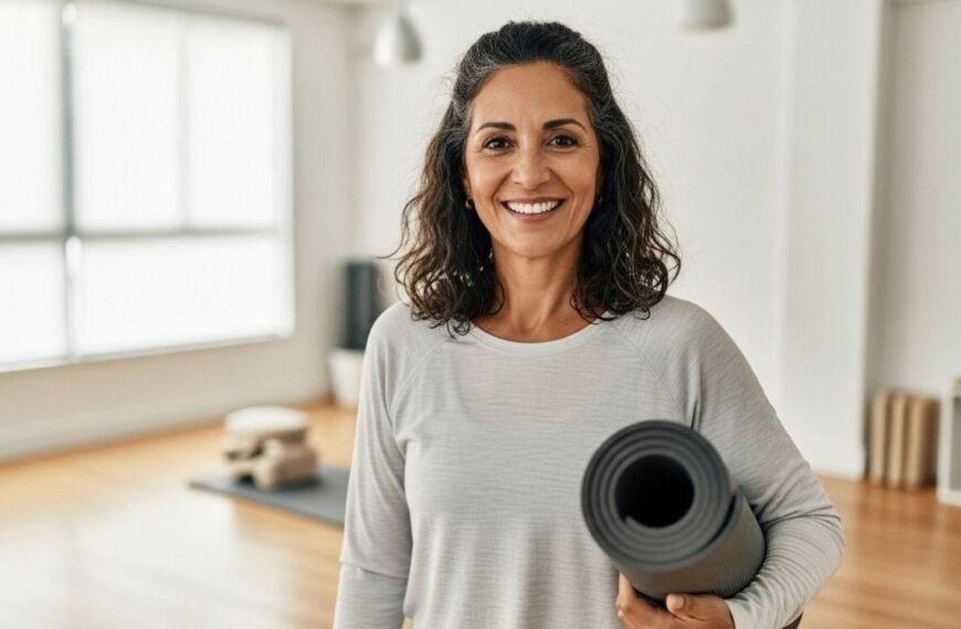 Mulher de cerca de 50 anos, em roupa confortável, sorrindo e segurando um colchonete de exercícios, representando cuidado com a saúde e com o escape de urina na menopausa.