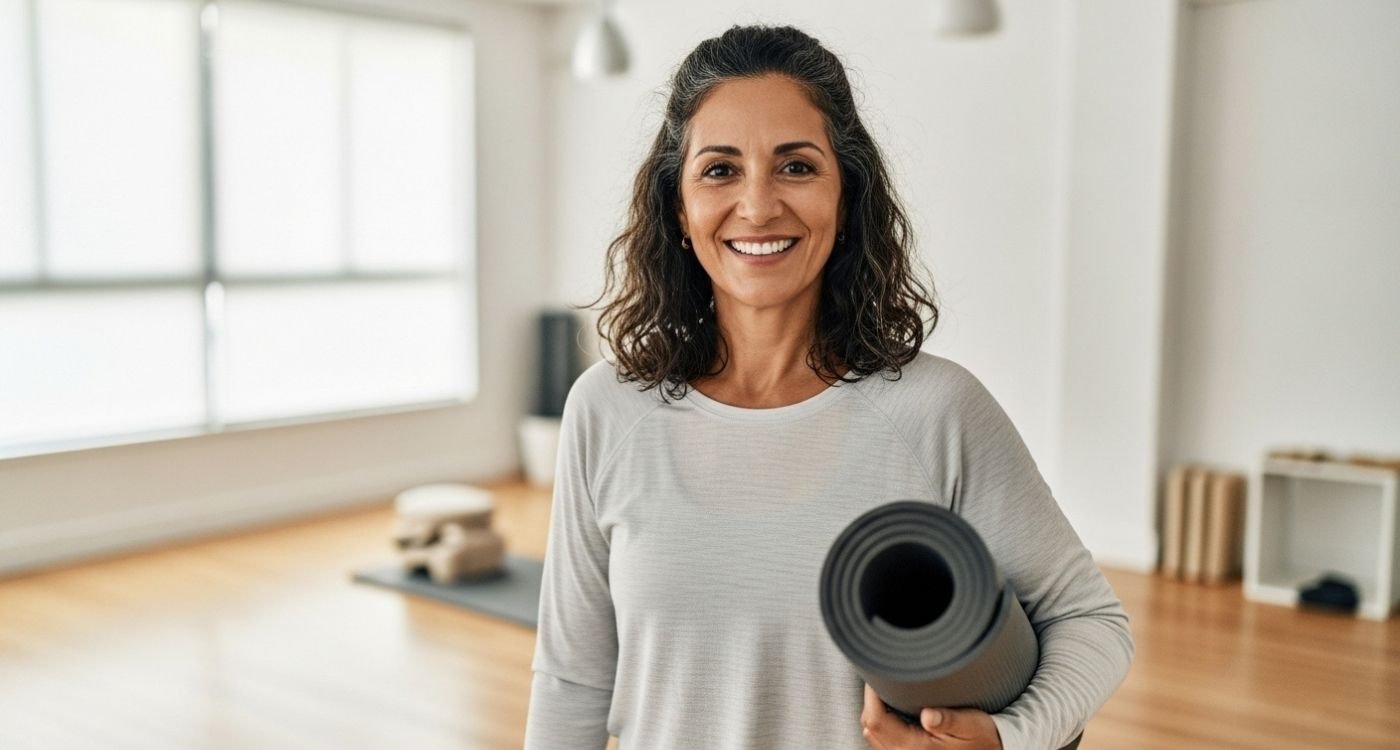 Mulher de cerca de 50 anos, em roupa confortável, sorrindo e segurando um colchonete de exercícios, representando cuidado com a saúde e com o escape de urina na menopausa.