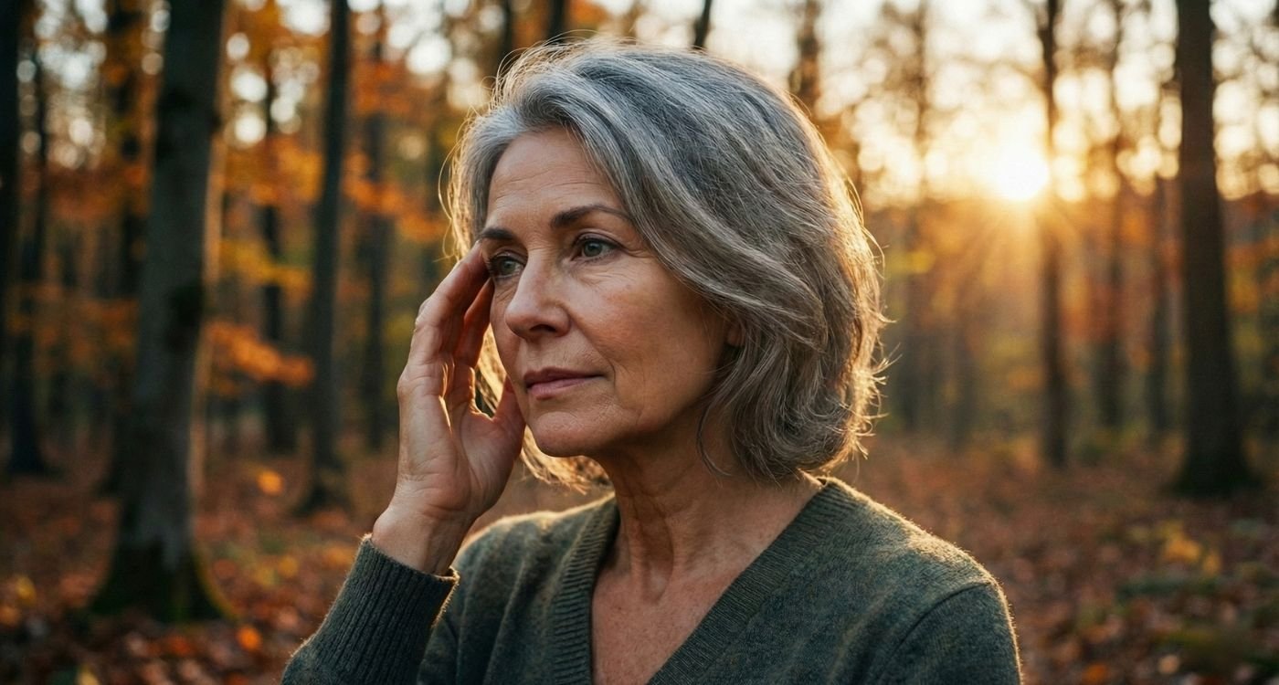 Foto de uma mulher idosa com cabelos grisalhos curtos, vestindo um suéter verde, em uma floresta de outono ao pôr do sol. Ela tem uma expressão pensativa e está com a mão direita na têmpora, olhando para longe, representando a relação entre menopausa e demência. A luz dourada do sol poente ilumina seu rosto e as folhas caídas ao redor.