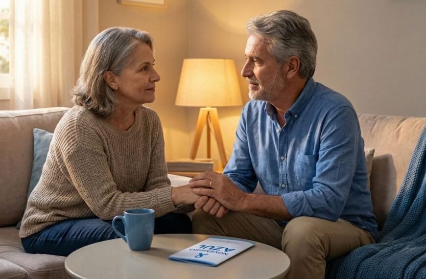 Um casal maduro sentado em um sofá confortável em uma sala de estar iluminada por um abajur. O homem, de cabelos grisalhos e camisa azul, e a mulher, também de cabelos grisalhos, estão de mãos dadas e se olham com expressões de carinho e apoio. Em primeiro plano, sobre uma mesa de centro redonda, há uma caneca azul e um panfleto branco e azul com o texto 'NOVEMBRO AZUL' e o símbolo da fita da campanha.