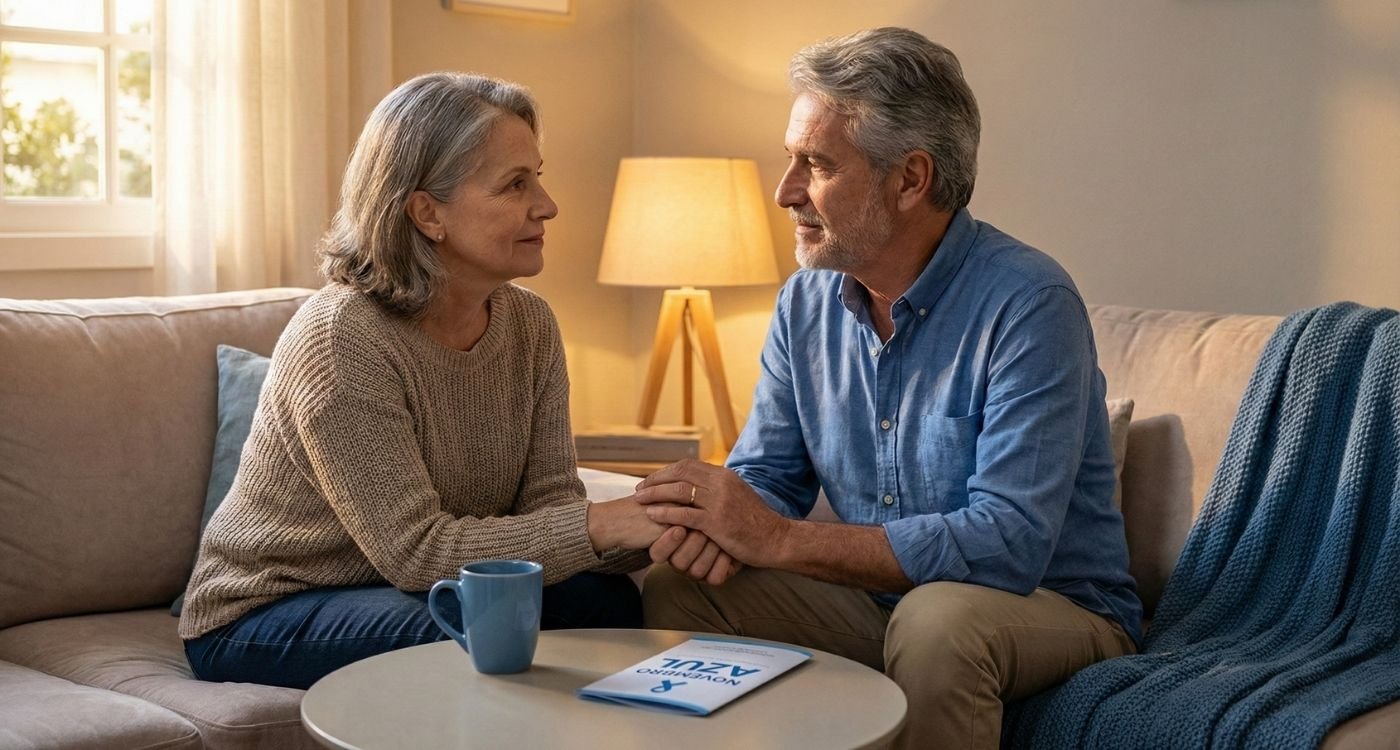 Um casal maduro sentado em um sofá confortável em uma sala de estar iluminada por um abajur. O homem, de cabelos grisalhos e camisa azul, e a mulher, também de cabelos grisalhos, estão de mãos dadas e se olham com expressões de carinho e apoio. Em primeiro plano, sobre uma mesa de centro redonda, há uma caneca azul e um panfleto branco e azul com o texto 'NOVEMBRO AZUL' e o símbolo da fita da campanha.