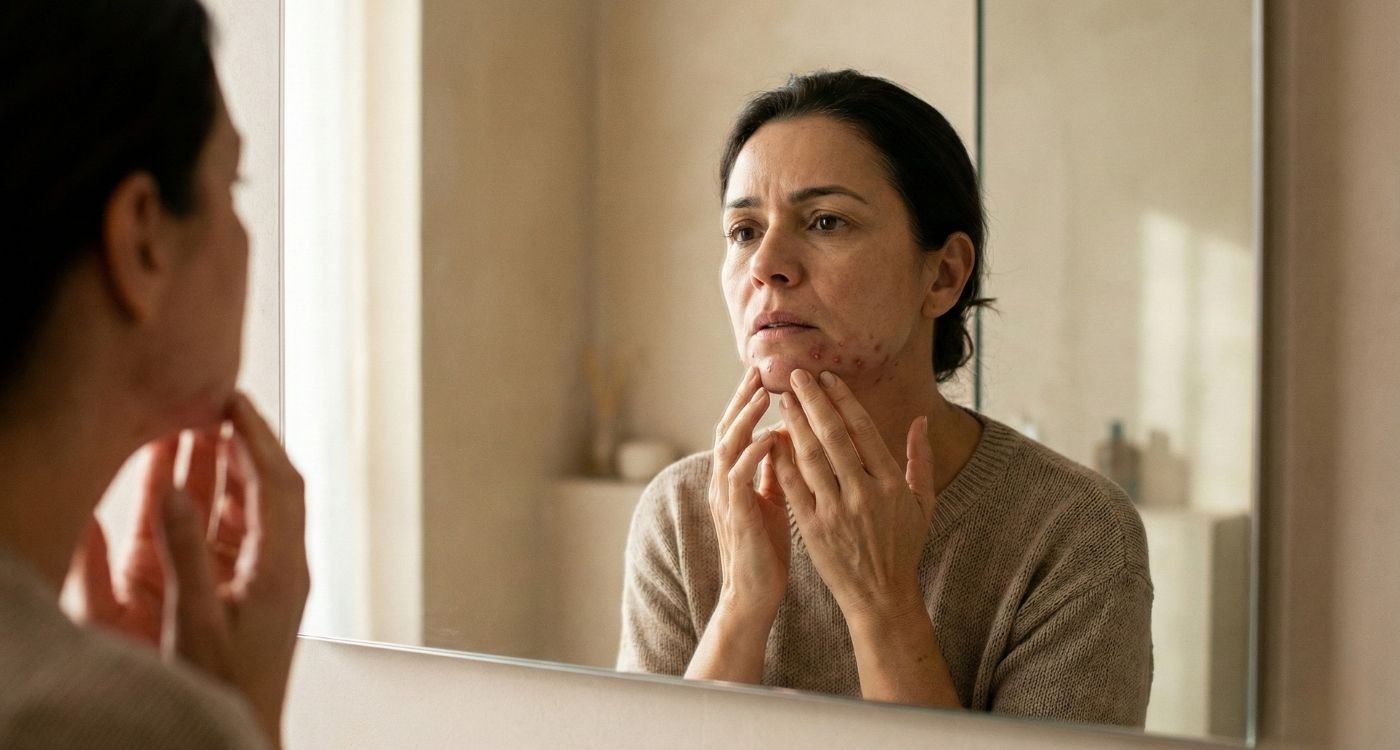 Mulher madura em frente ao espelho examinando a pele do rosto com sinais visíveis de acne na menopausa na região do queixo e mandíbula.