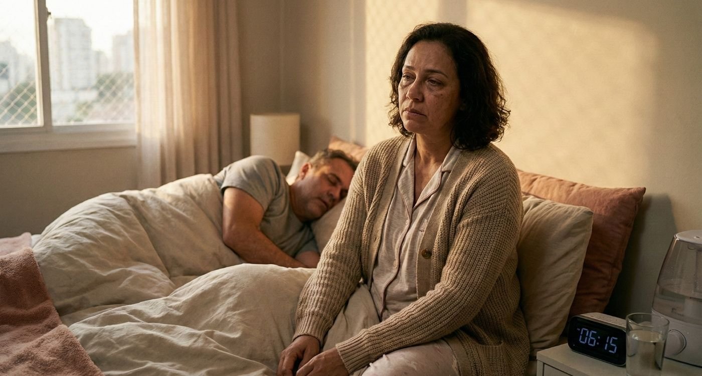Uma fotografia editorial realista em plano médio mostra uma mulher de meia-idade com aparência brasileira, sentada na cama ao amanhecer, com expressão de cansaço e olhar vago, ilustrando a apneia do sono na menopausa. A luz suave entra pela janela, o relógio na mesa de cabeceira marca 06:15 e um parceiro dorme ao fundo. A imagem tem cores quentes e uma atmosfera de calma, mas com a sensação de sono não reparador.