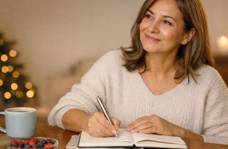 Bem-estar na menopausa: mulher 40+ em ambiente acolhedor de fim de ano, sentada à mesa com café da manhã leve e caderno de anotações, planejando metas de autocuidado com expressão serena e tranquila.