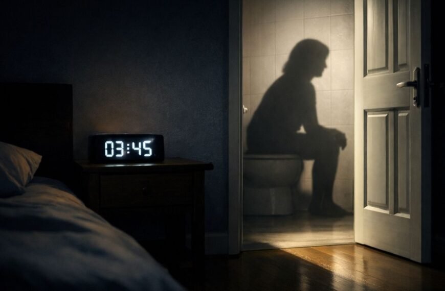 Bexiga hiperativa na menopausa: quarto escuro durante a madrugada, relógio marcando 3:45 e luz do banheiro projetando a sombra de uma mulher sentada no vaso sanitário, simbolizando noctúria e urgência urinária.