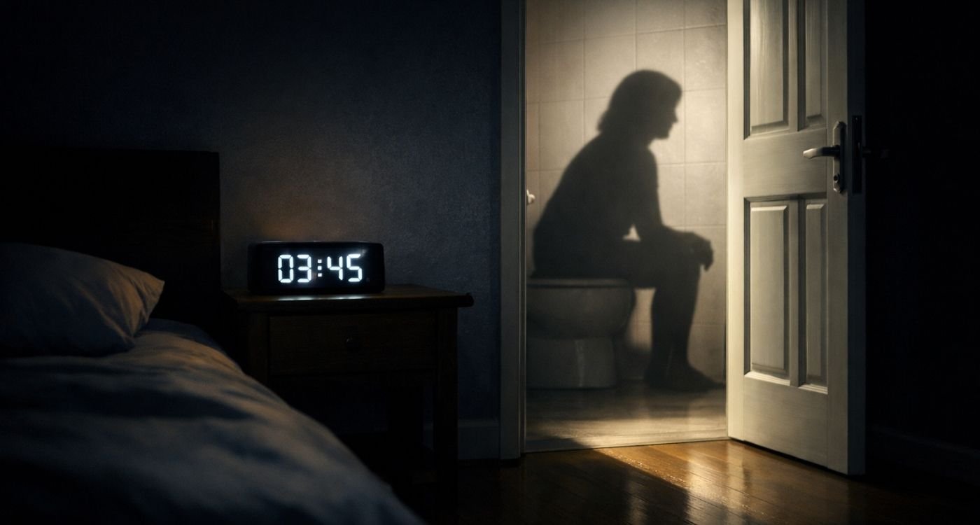 Bexiga hiperativa na menopausa: quarto escuro durante a madrugada, relógio marcando 3:45 e luz do banheiro projetando a sombra de uma mulher sentada no vaso sanitário, simbolizando noctúria e urgência urinária.