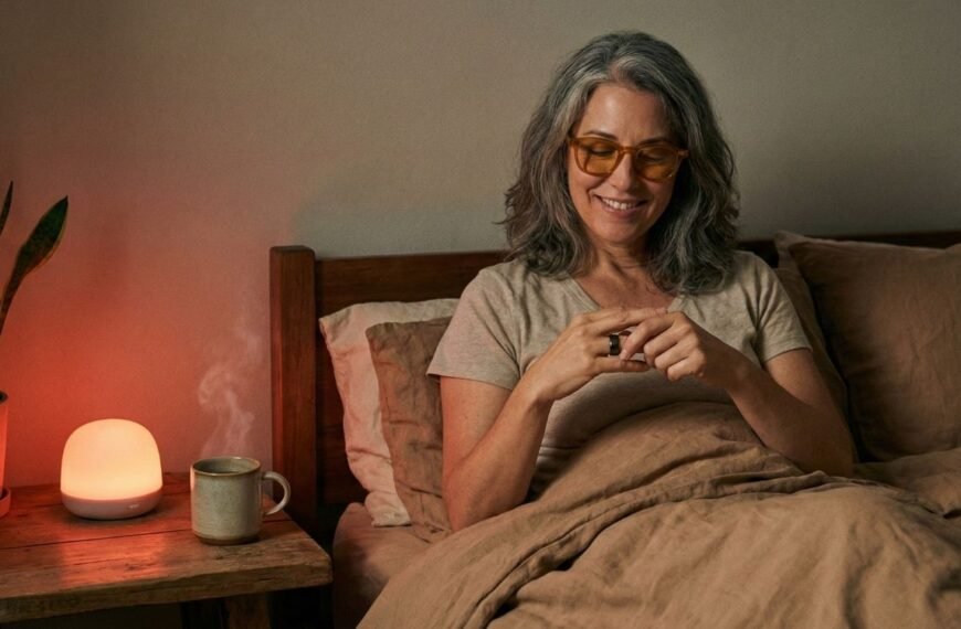 Mulher de meia-idade com cabelos grisalhos, sorrindo na cama à noite, usando óculos com lentes laranja e verificando um anel inteligente no dedo. Ao lado dela, em uma mesa de cabeceira de madeira, há uma luminária de luz âmbar suave e uma caneca de chá fumegante. A cena ilustra estratégias de biohacking do sono na perimenopausa.