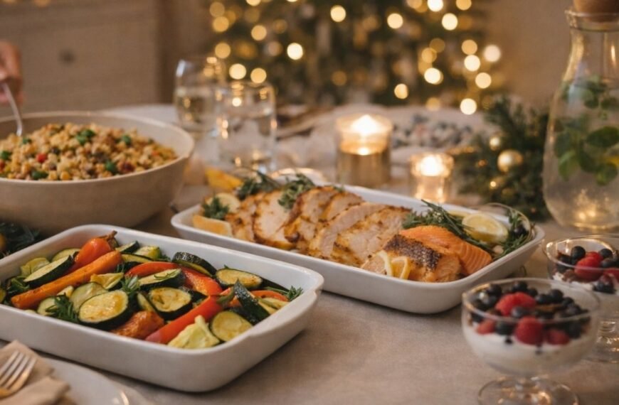 Mesa de ceia de fim de ano em ambiente interno aconchegante e elegante, com decoração natalina minimalista em tons neutros, luz quente e bokeh ao fundo, exibindo vegetais assados coloridos, proteína fatiada com peixe, farofa com legumes e castanhas, sobremesas leves em taças e jarra de água com hortelã.