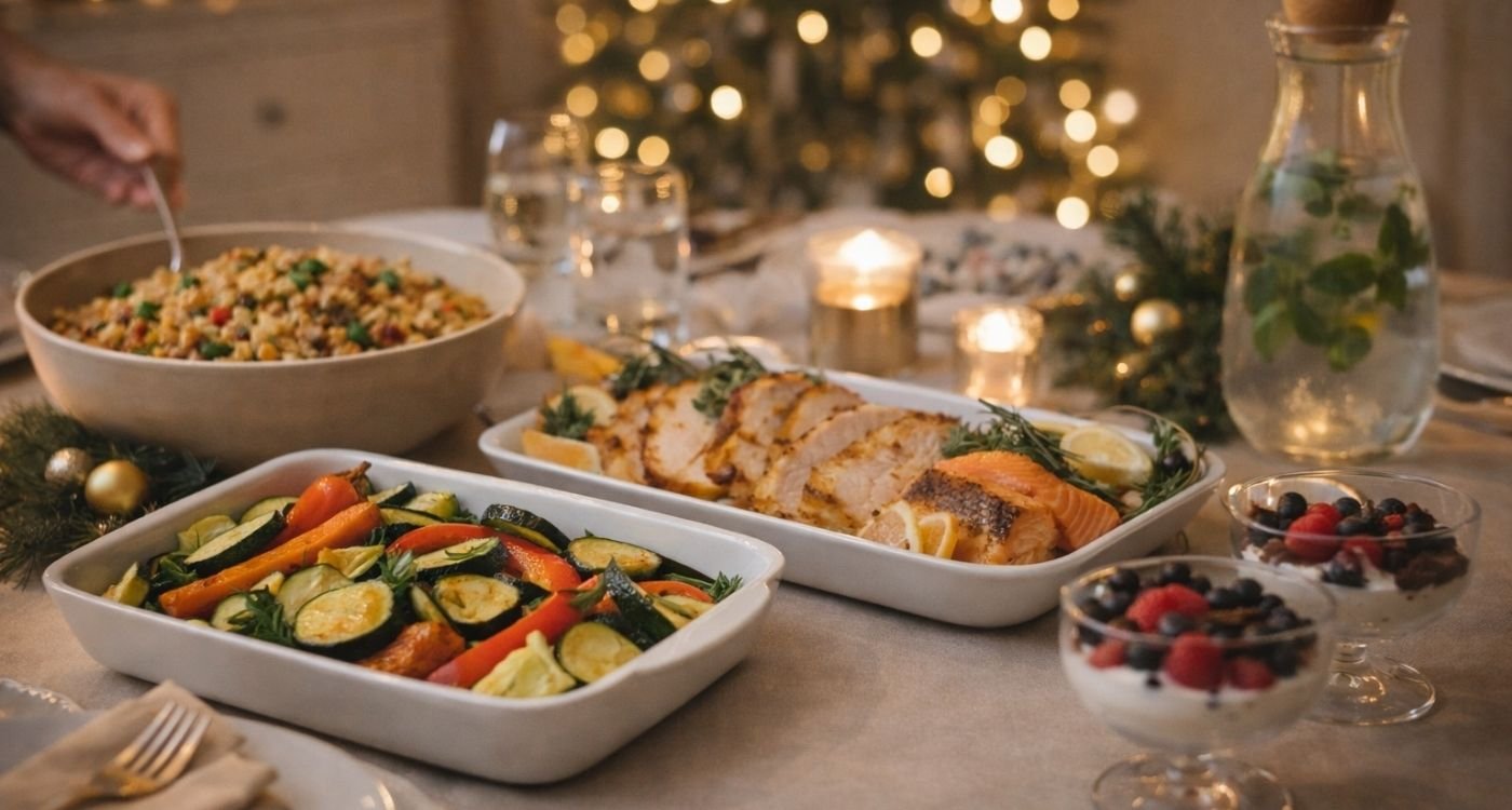 Mesa de ceia de fim de ano em ambiente interno aconchegante e elegante, com decoração natalina minimalista em tons neutros, luz quente e bokeh ao fundo, exibindo vegetais assados coloridos, proteína fatiada com peixe, farofa com legumes e castanhas, sobremesas leves em taças e jarra de água com hortelã.