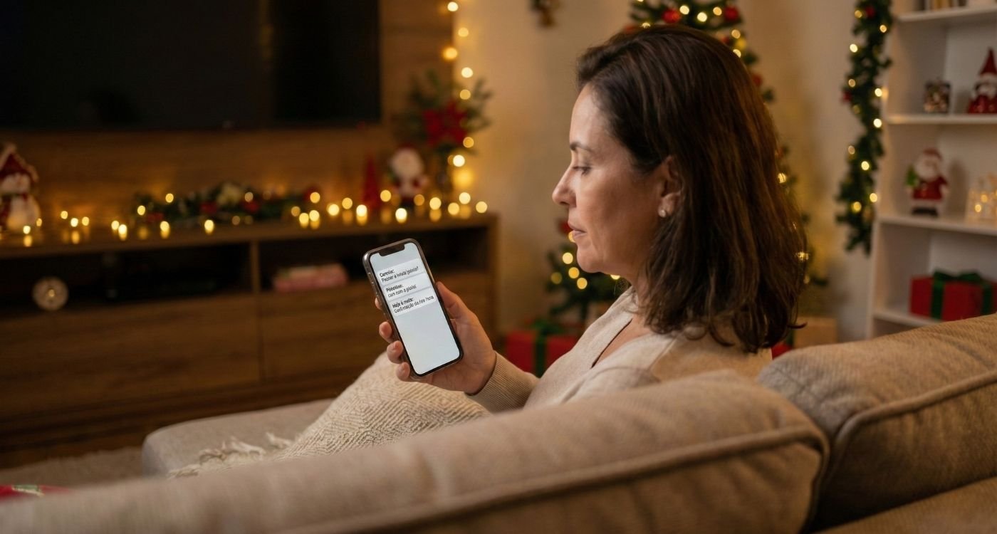 Uma mulher de meia-idade, sentada confortavelmente no sofá, olha para a tela do smartphone que exibe a mensagem "Fim de ano sem culpa". A sala de estar está decorada com luzes de Natal e uma árvore ao fundo, criando um ambiente acolhedor.