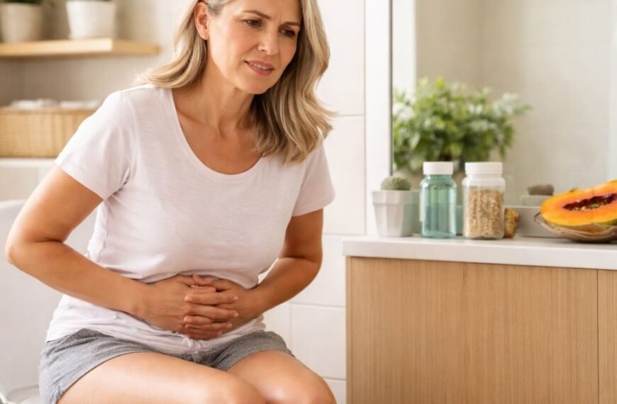 Intestino preso na menopausa: mulher 50+ sentada no vaso sanitário em banheiro moderno, com mãos no abdômen e expressão de desconforto, com itens de fibras e frutas ao fundo