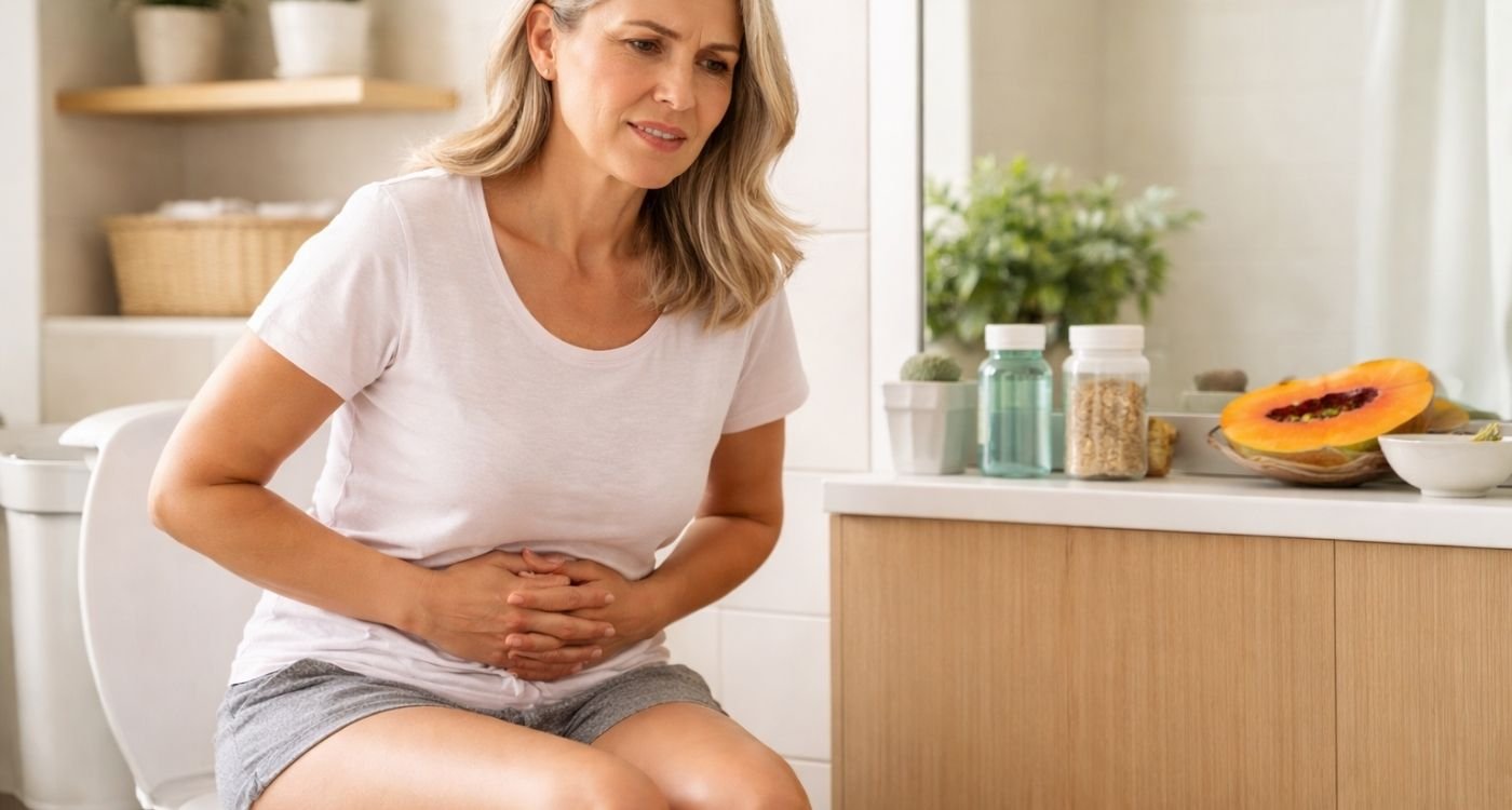 Intestino preso na menopausa: mulher 50+ sentada no vaso sanitário em banheiro moderno, com mãos no abdômen e expressão de desconforto, com itens de fibras e frutas ao fundo